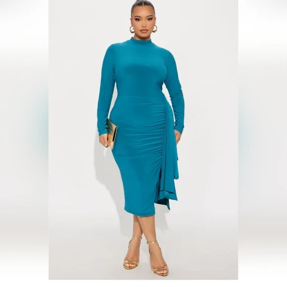 Fashion Nova Emerie Draped Midi Dress - Teal Size 1X (EUC) - Picture 1 of 11